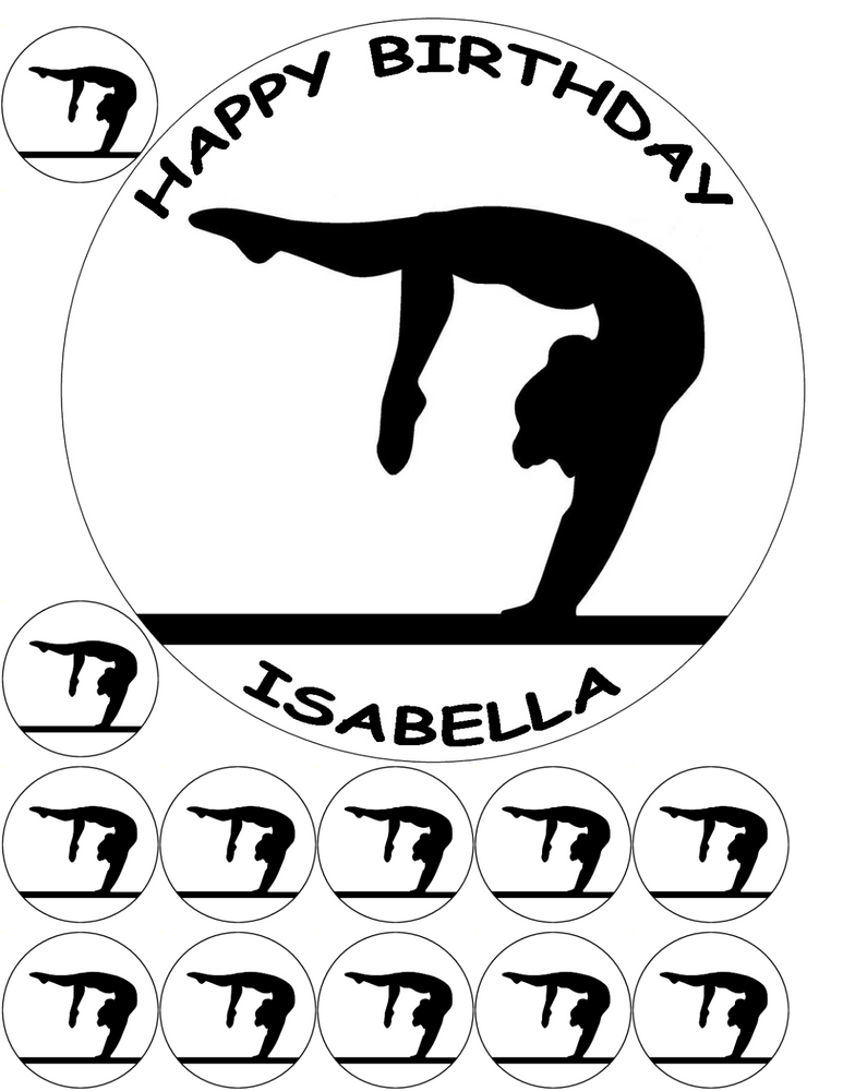 GYMNASTICS SILHOUETTE 7.5" + 12 x 1.5" PREMIUM Edible ROUND WAFER Cake Topper D1