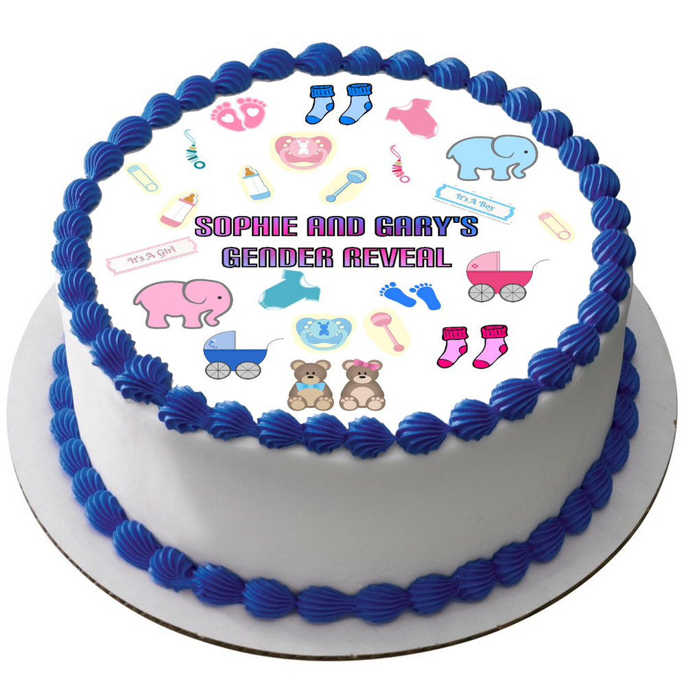 GENDER REVEAL 7.5" ROUND ICING EDIBLE PREMIUM CAKE TOPPER 19CM BABY SHOWER D9