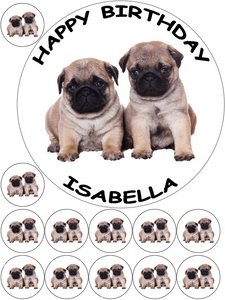 PUG 7.5" + 12 x 1.5" Round PREMIUM Edible RICE WAFER CARD Cake Topper CUTE D1