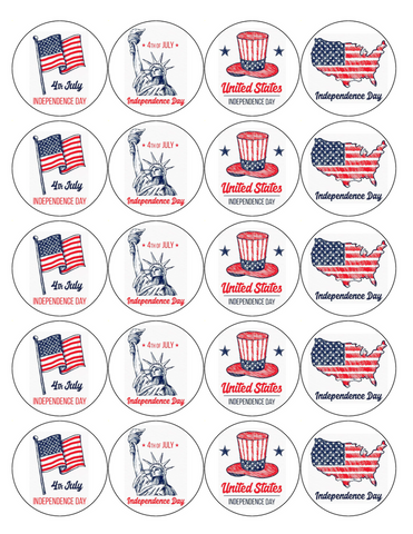 INDEPENDENCE DAY 20 x 5cm PREMIUM EDIBLE RICE PAPER ROUND CUP CAKE TOPPERS D5
