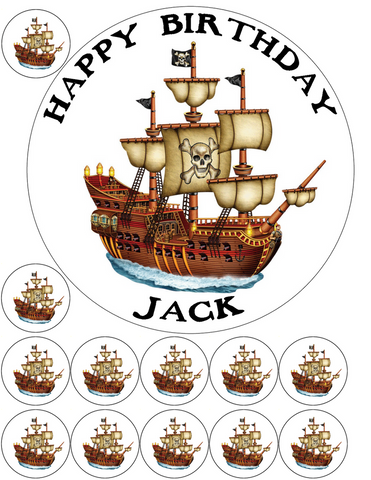PIRATE SHIP 7.5" + 12 x 1.5" Round PREMIUM Edible RICE WAFER CARD Cake Topper D1 - KraftyDesigns