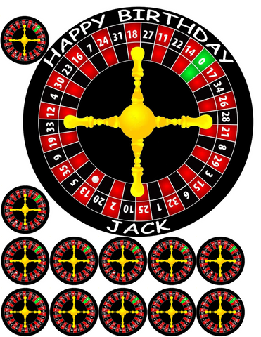 ROULETTE CASINO POKER WHEEL 7.5" + 12 x 1.5" PREMIUM Edible ICING Cake Topper D1