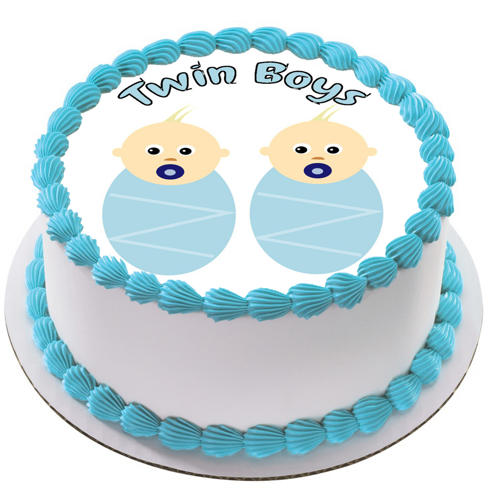 NEW BABY TWIN BOYS 7.5" ROUND ICING EDIBLE PREMIUM CAKE TOPPER 19CM DIAMETRE D15