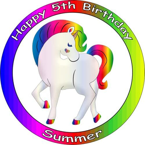 RAINBOW UNICORN 7.5" PREMIUM EDIBLE ICING CAKE TOPPER CAN PERSONALISE TEXT D7