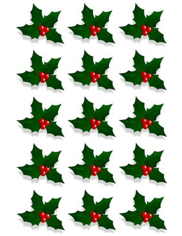 15 X HOLLY & BERRY LEAVES - CHRISTMAS - EDIBLE CUPCAKE CAKE TOPPERS D4