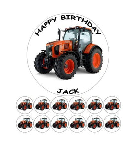 LARGE RED FARM TRACTOR 7.5" + 12 x 1.5" PREMIUM Edible RICE WAFER Cake Topper D1